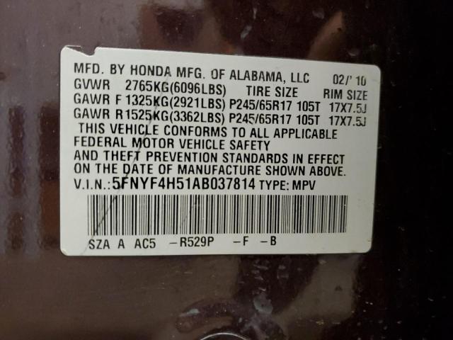 5FNYF4H51AB037814 - 2010 HONDA PILOT EXL MAROON photo 12