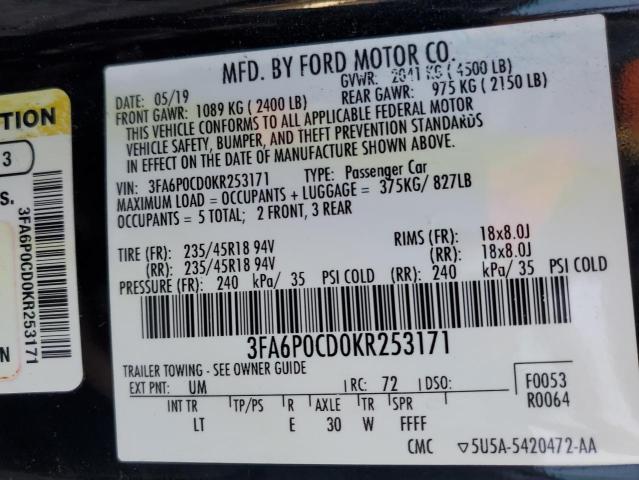 3FA6P0CD0KR253171 - 2019 FORD FUSION SEL BLACK photo 12