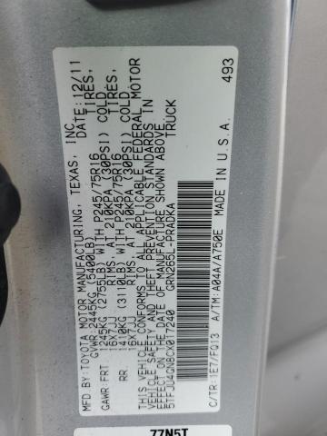 5TFJU4GN8CX017240 - 2012 TOYOTA TACOMA DOUBLE CAB PRERUNNER SILVER photo 12