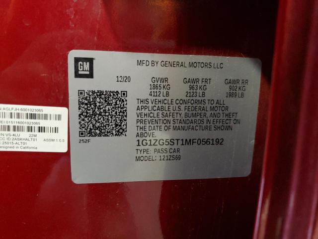 1G1ZG5ST1MF056192 - 2021 CHEVROLET MALIBU RS 勃艮第红 照片 12