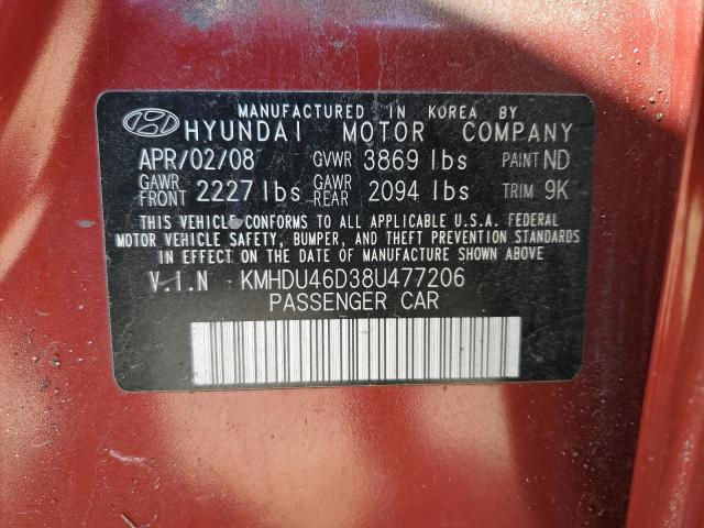 KMHDU46D38U477206 - 2008 HYUNDAI ELANTRA GLS RED photo 12