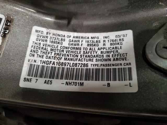 1HGFA16897L087286 - 2007 HONDA CIVIC EX GRAY photo 13