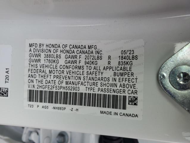 2HGFE2F53PH552903 - 2023 HONDA CIVIC SPORT თეთრი ფოტო 12