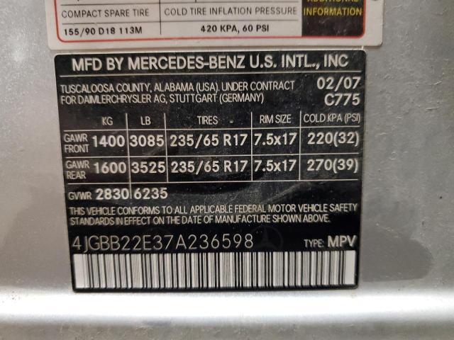 4JGBB22E37A236598 - 2007 MERCEDES-BENZ ML 320 CDI SILVER photo 12