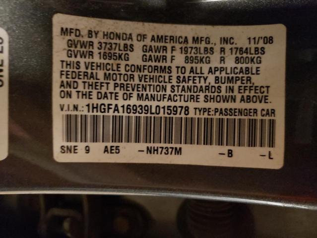 1HGFA16939L015978 - 2009 HONDA CIVIC EXL Մոխրագույն լուսանկար 12