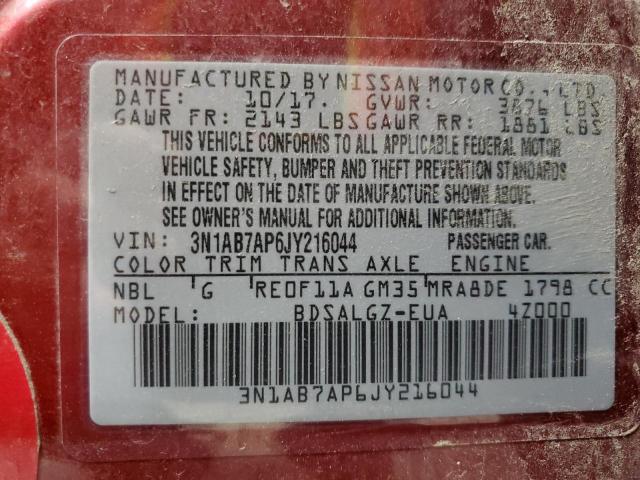 3N1AB7AP6JY216044 - 2018 NISSAN SENTRA S RED photo 13