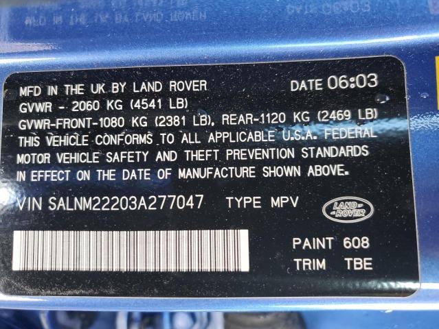 SALNM22203A277047 - 2003 LAND ROVER FREELANDER S BLUE photo 12