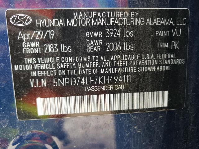 5NPD74LF7KH494111 - 2019 HYUNDAI ELANTRA SE BLUE photo 12