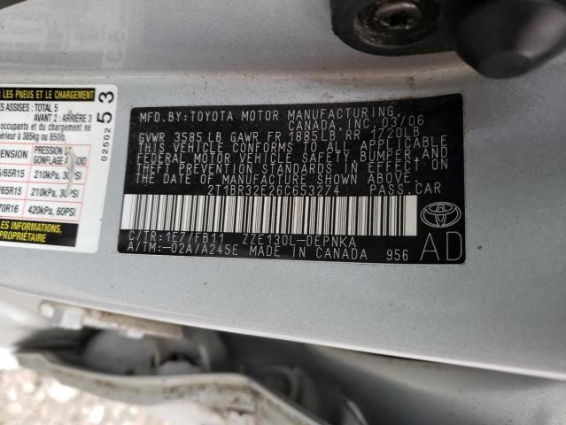 2T1BR32E26C653274 - 2006 TOYOTA COROLLA CE SILVER photo 12