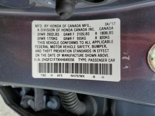 2HGFC1F7XHH649356 - 2017 HONDA CIVIC EXL ნაცრისფერი ფოტო 13