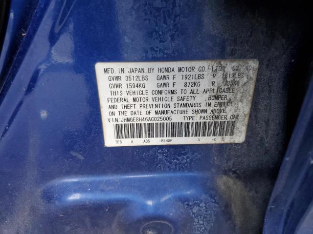 JHMGE8H46AC025005 - 2010 HONDA FIT SPORT BLUE photo 13