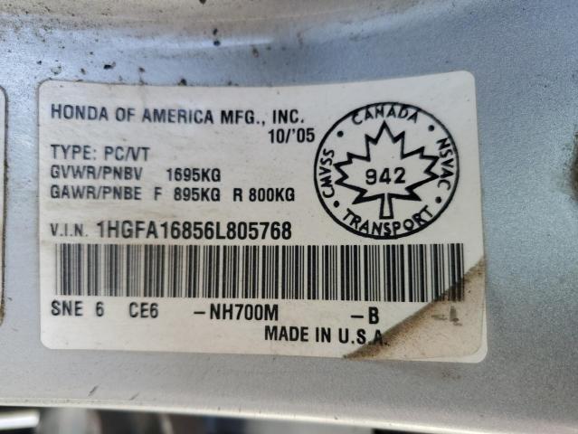 1HGFA16856L805768 - 2006 HONDA CIVIC EX SILVER photo 12