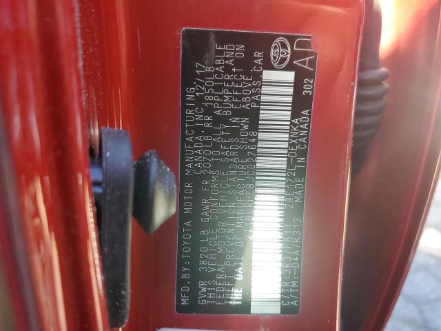 2T1BURHE8JC027648 - 2018 TOYOTA COROLLA L RED photo 12