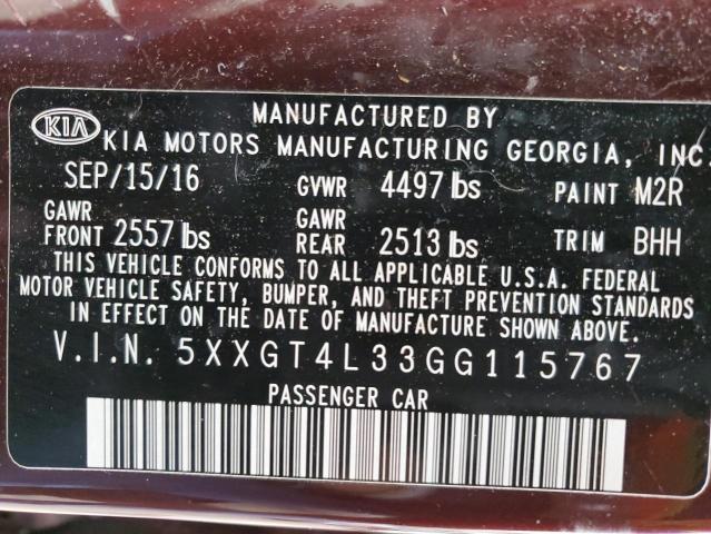 5XXGT4L33GG115767 - 2016 KIA OPTIMA LX BURGUNDY photo 12