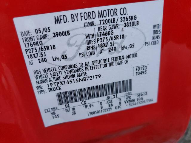 1FTPX14515NB72179 - 2005 FORD F150 RED photo 13