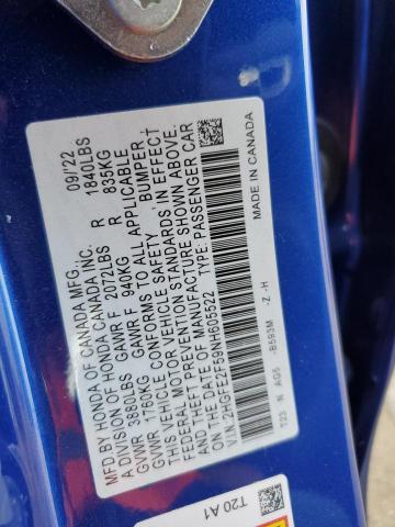 2HGFE2F59NH605522 - 2022 HONDA CIVIC SPORT BLUE photo 13