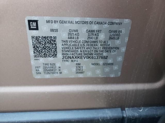 2GNAXKEV0K6137652 - 2019 CHEVROLET EQUINOX LT TAN photo 13