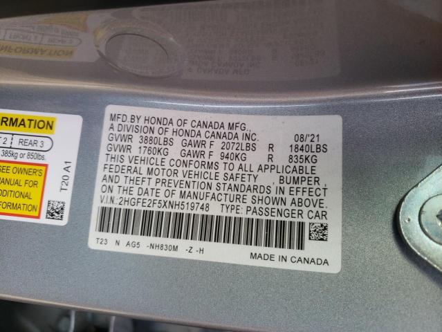 2HGFE2F5XNH519748 - 2022 HONDA CIVIC SPORT ვერცხლისფერი ფოტო 12