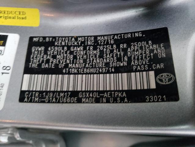 4T1BK1EB6HU249714 - 2017 TOYOTA AVALON XLE GRAY photo 12