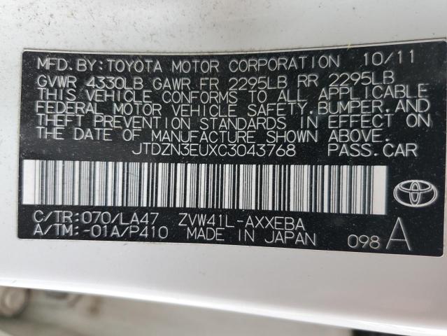 JTDZN3EUXC3043768 - 2012 TOYOTA PRIUS WHITE photo 12