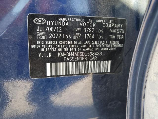 KMHDH4AE6DU598438 - 2013 HYUNDAI ELANTRA GLS BLUE photo 12