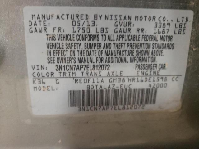 3N1CN7AP7EL812072 - 2014 NISSAN VERSA S GRAY photo 13