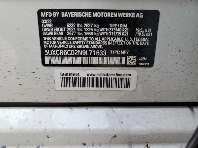 5UXCR6C02N9L71633 - 2022 BMW X5 XDRIVE40I WHITE photo 13