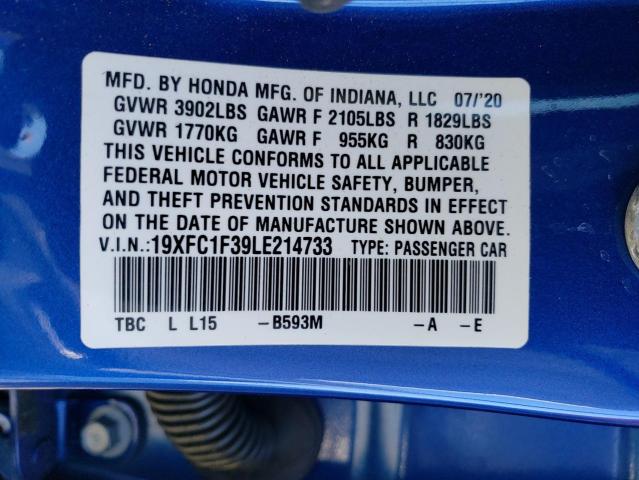 19XFC1F39LE214733 - 2020 HONDA CIVIC EX BLUE photo 12