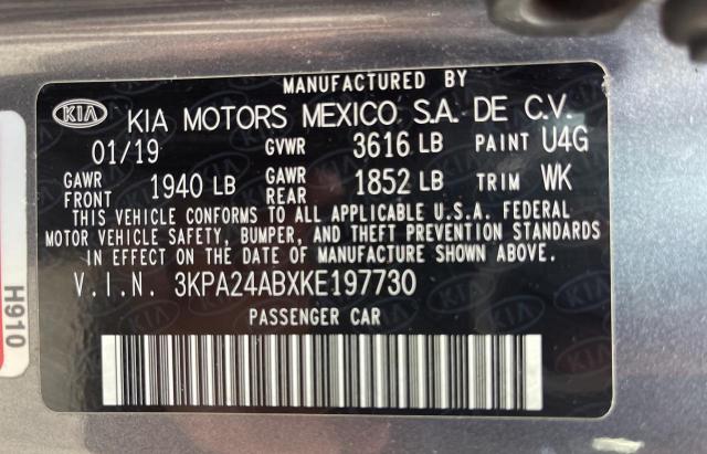 3KPA24ABXKE197730 - 2019 KIA RIO S GRAY photo 10