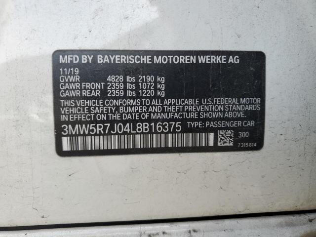 3MW5R7J04L8B16375 - 2020 BMW 330XI WHITE photo 13