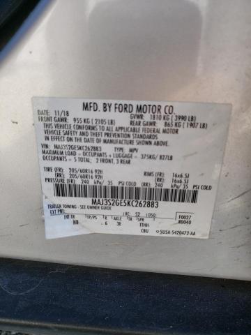 MAJ3S2GE5KC262883 - 2019 FORD ECOSPORT SE SILVER photo 12