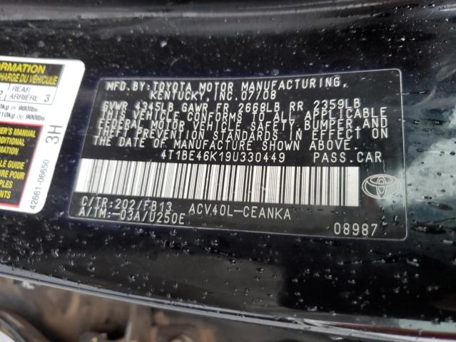 4T1BE46K19U330449 - 2009 TOYOTA CAMRY BASE BLACK photo 12