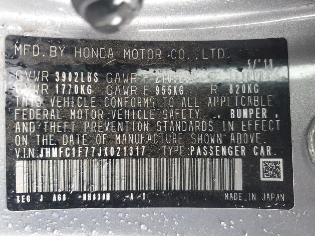 JHMFC1F77JX021317 - 2018 HONDA CIVIC EXL Արծաթագույն լուսանկար 13