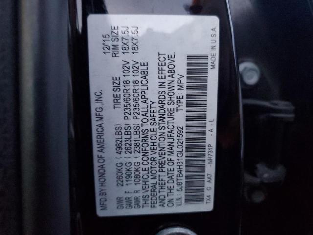 5J8TB4H31GL021592 - 2016 ACURA RDX BLACK photo 12