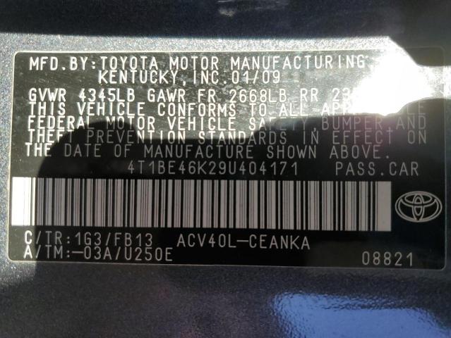 4T1BE46K29U404171 - 2009 TOYOTA CAMRY BASE GRAY photo 12