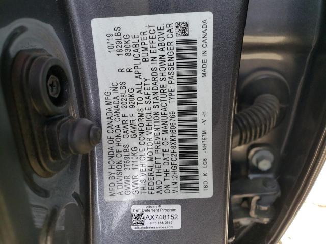 2HGFC2F8XKH606769 - 2019 HONDA CIVIC SPORT ნაცრისფერი ფოტო 13