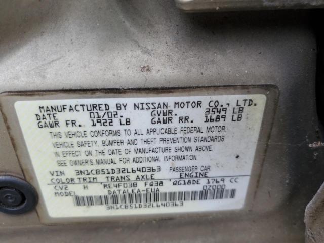 3N1CB51D32L640363 - 2002 NISSAN SENTRA XE GOLD photo 12