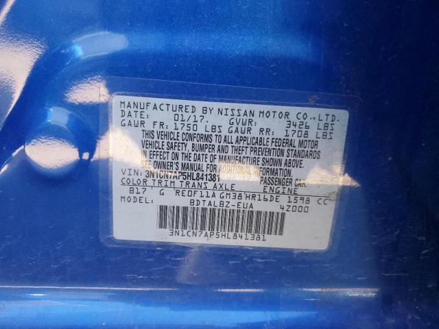 3N1CN7AP5HL841381 - 2017 NISSAN VERSA S BLUE photo 12