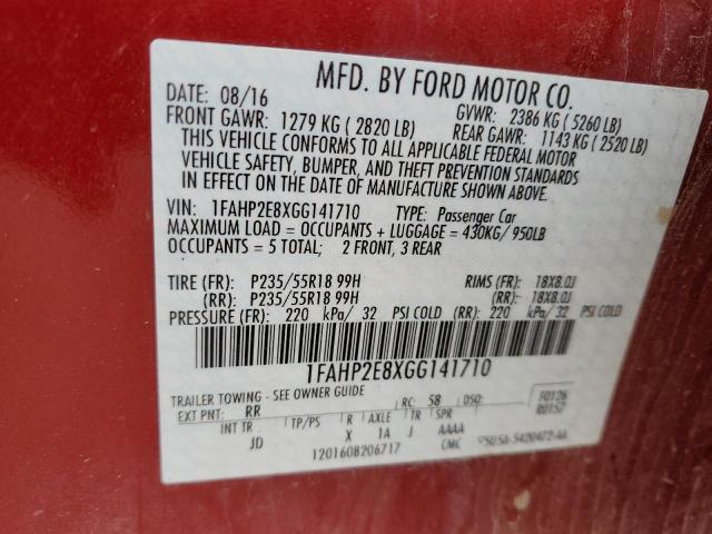 1FAHP2E8XGG141710 - 2016 FORD TAURUS SEL RED photo 12