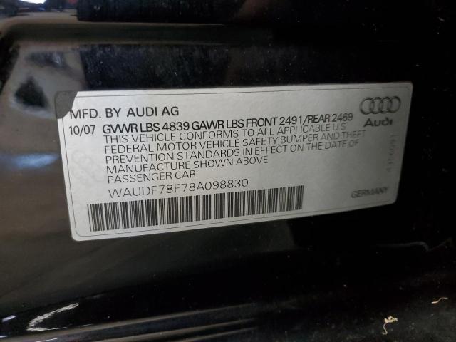 WAUDF78E78A098830 - 2008 AUDI A4 2.0T QUATTRO BLACK photo 12