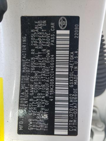 4T1BK3DB2CU466084 - 2012 TOYOTA AVALON BASE 白色 照片 13