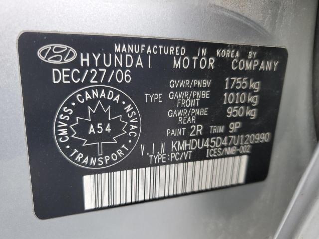 KMHDU45D47U120990 - 2007 HYUNDAI ELANTRA GL SILVER photo 12