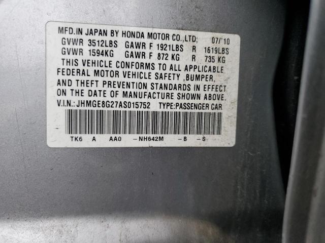 JHMGE8G27AS015752 - 2010 HONDA FIT GRAY photo 12