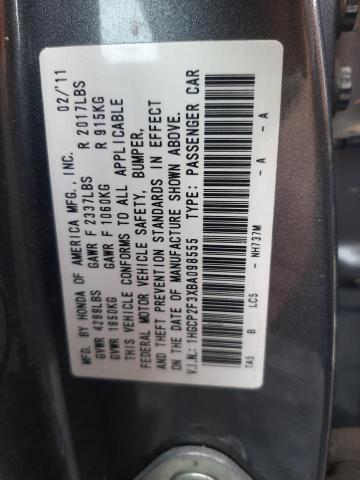 1HGCP2F3XBA098555 - 2011 HONDA ACCORD LX GRAY photo 12