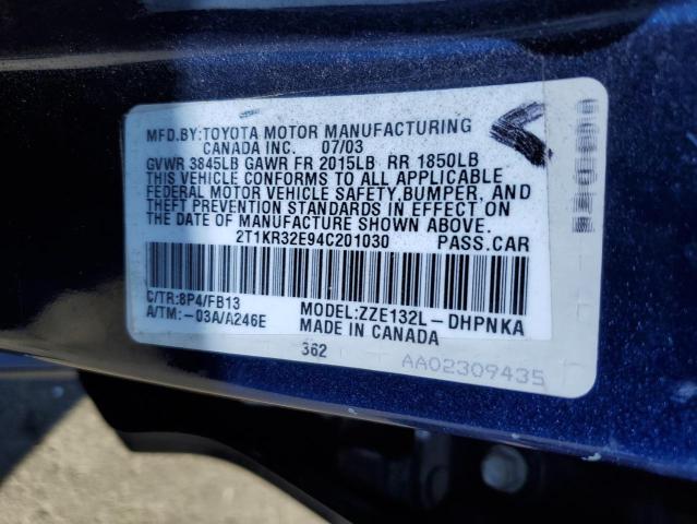 2T1KR32E94C201030 - 2004 TOYOTA COROLLA MA XR BLUE photo 13