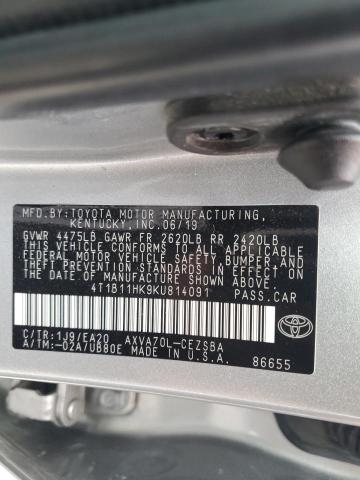 4T1B11HK9KU814091 - 2019 TOYOTA CAMRY L SILVER photo 12