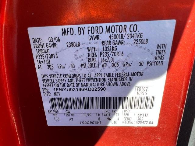 1FMYU03146KD02590 - 2006 FORD ESCAPE XLT ORANGE photo 10