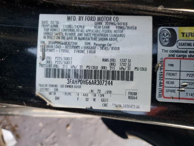 3FAHP0HG6AR307244 - 2010 FORD FUSION SE BLACK photo 12