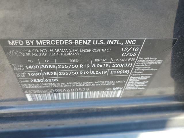 4JGBB8GB9BA680529 - 2011 MERCEDES-BENZ ML 350 4MATIC GRAY photo 12