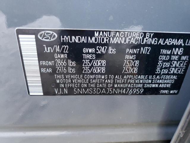 5NMS3DAJ5NH476959 - 2022 HYUNDAI SANTA FE SEL GRAY photo 12